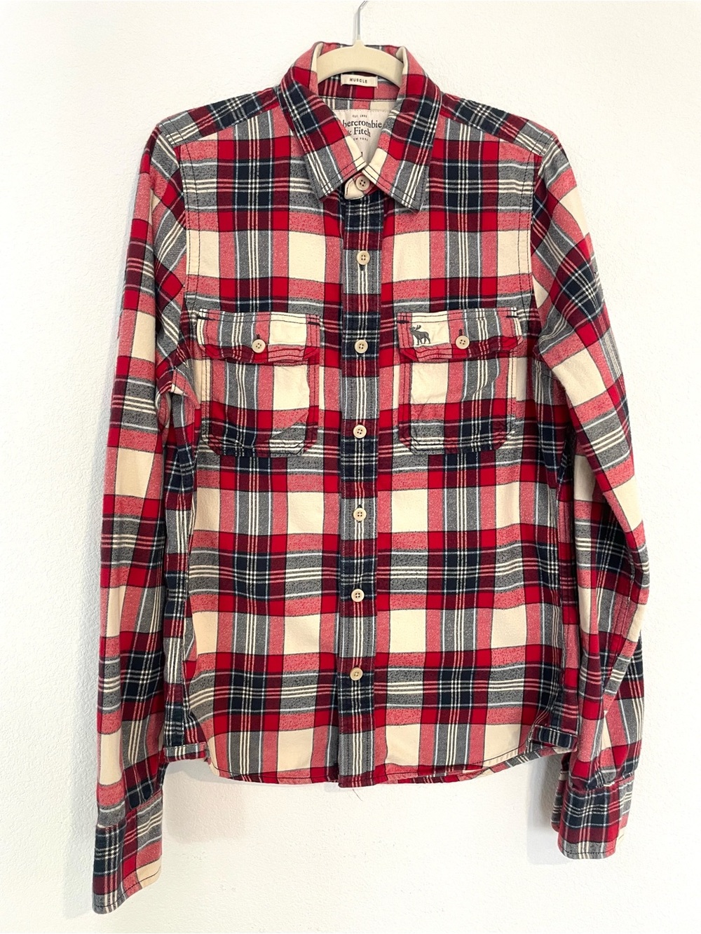 Abercrombie & Fitch Muscle Flannel Red Cream and Black Plaid Button-Down Shirt